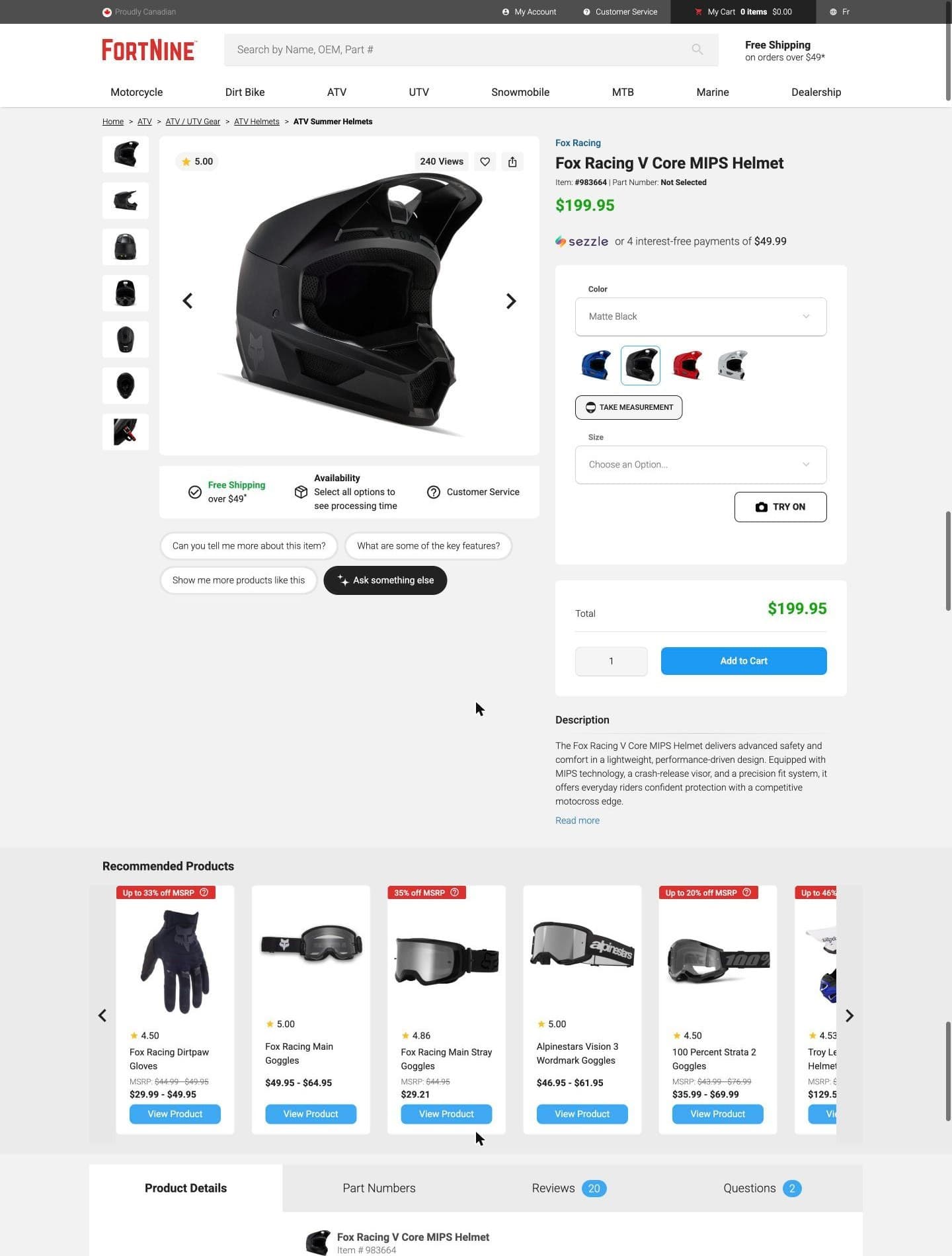 Old FortNine template, Fox Racing V Core helmet, cut at 1,900 px: gallery, price, options, a shipping and availability strip under the gallery, a two-sentence description, then its recommended-products row