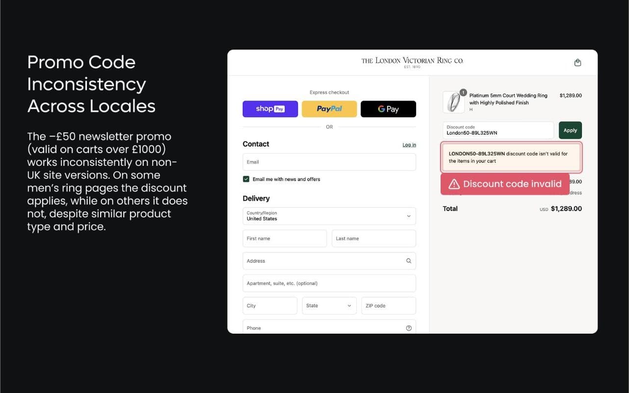 Live Zenyt spotlight for London Victorian Rings: Promo Code Inconsistency Across Locales
