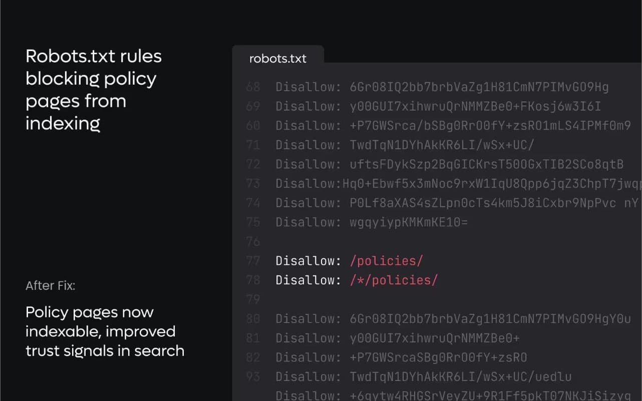 Live Zenyt spotlight for New York & Company: Crawlability - Robots.txt Blocking SEO-Valuable Policy Pages