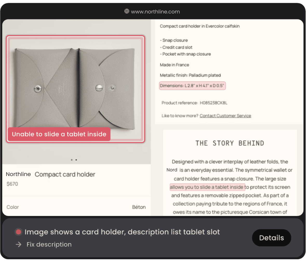 A Zenyt finding on a product page: the photo shows a card holder while the description promises a tablet slot. The finding reads “Image shows a card holder, description lists tablet slot.”