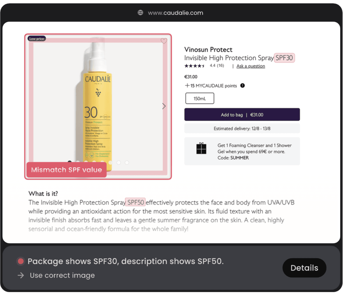 A Zenyt finding on a product page: the packshot shows SPF30 while the description says SPF50. The finding reads “Package shows SPF30, description shows SPF50.”