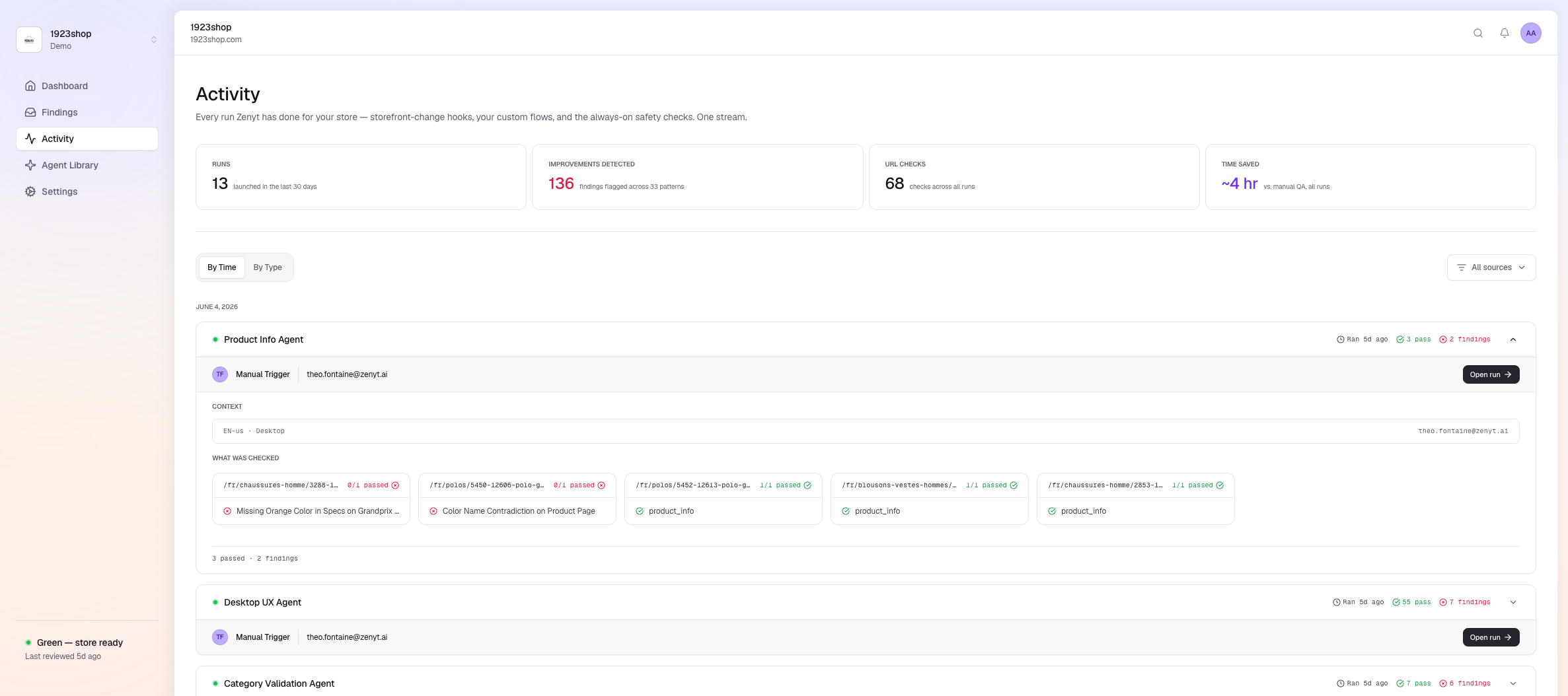 Activity stream showing every run with what was checked