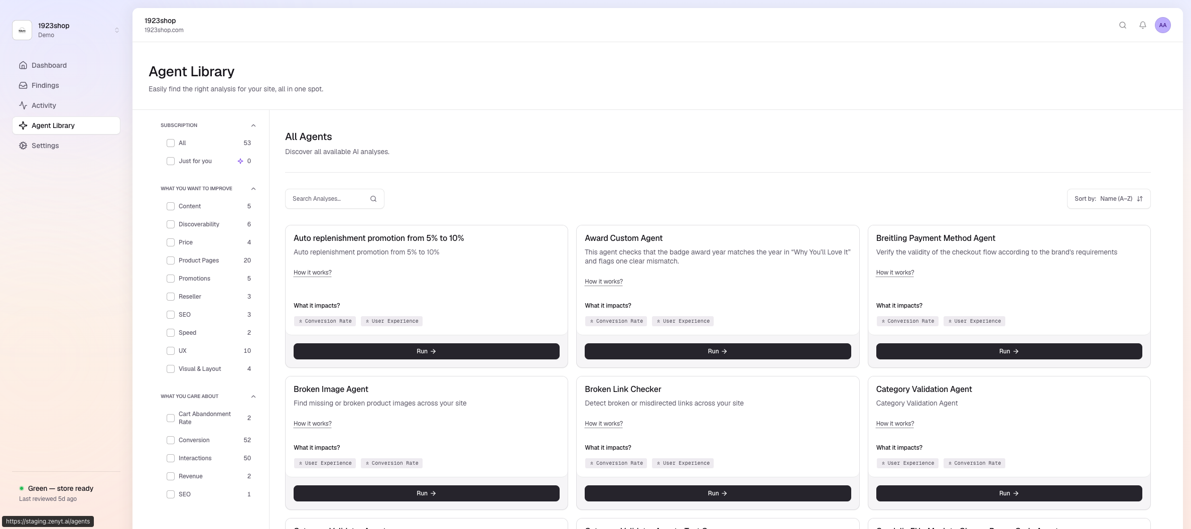 Agent library with one-click run buttons