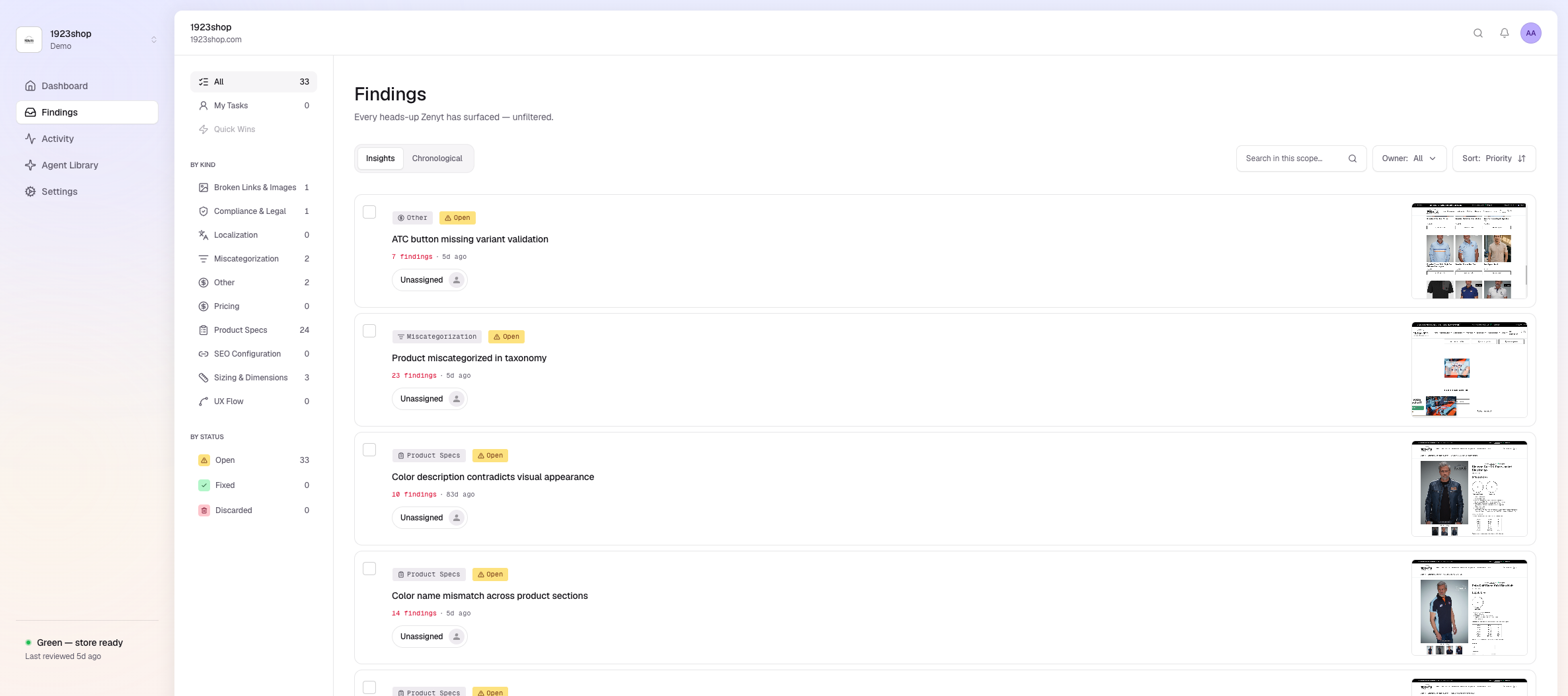 Findings inbox with patterns, evidence thumbnails, and filters