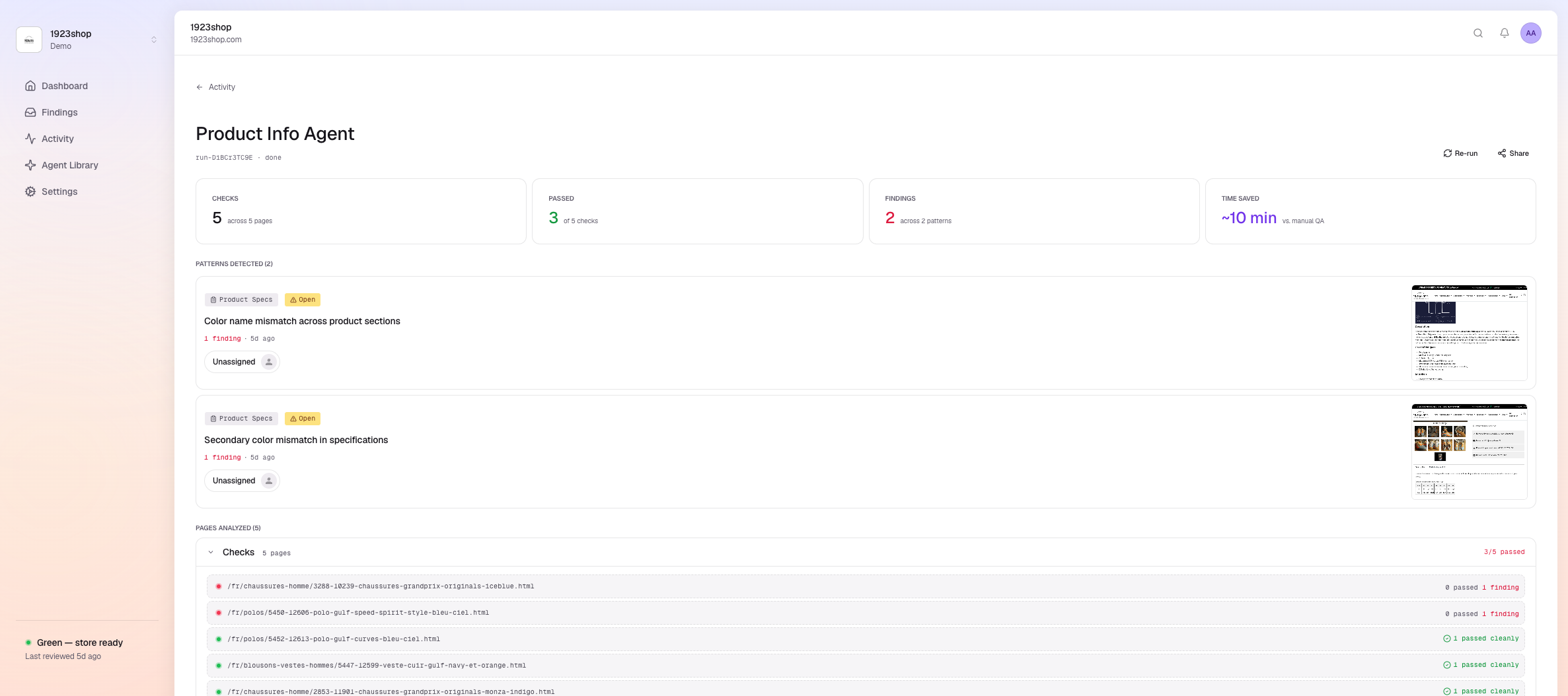 Run detail view with checks, passes, patterns detected, and pages analyzed