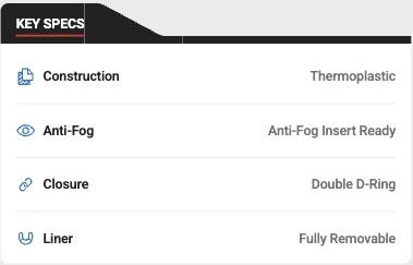 Key specs block: Construction, Anti-Fog, Closure, Liner