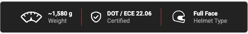 New template strip: ~1,580 g Weight, DOT / ECE 22.06 Certified, Full Face Helmet Type
